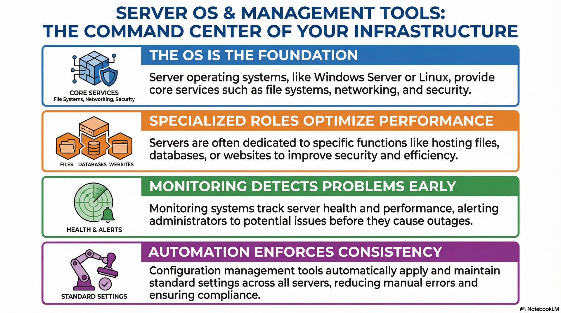 Server operating systems and management tools control resource allocation, system monitoring, automation, and configuration across servers.