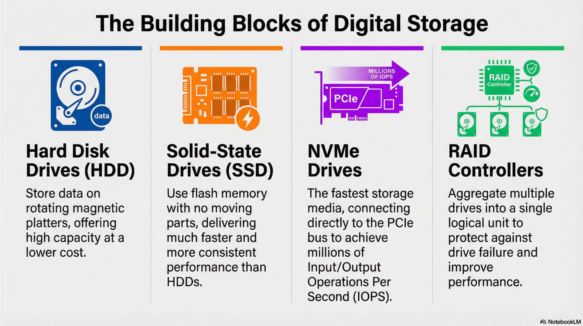 Storage hardware components consist of disk media, controllers, enclosures, and interfaces that provide data persistence and performance.