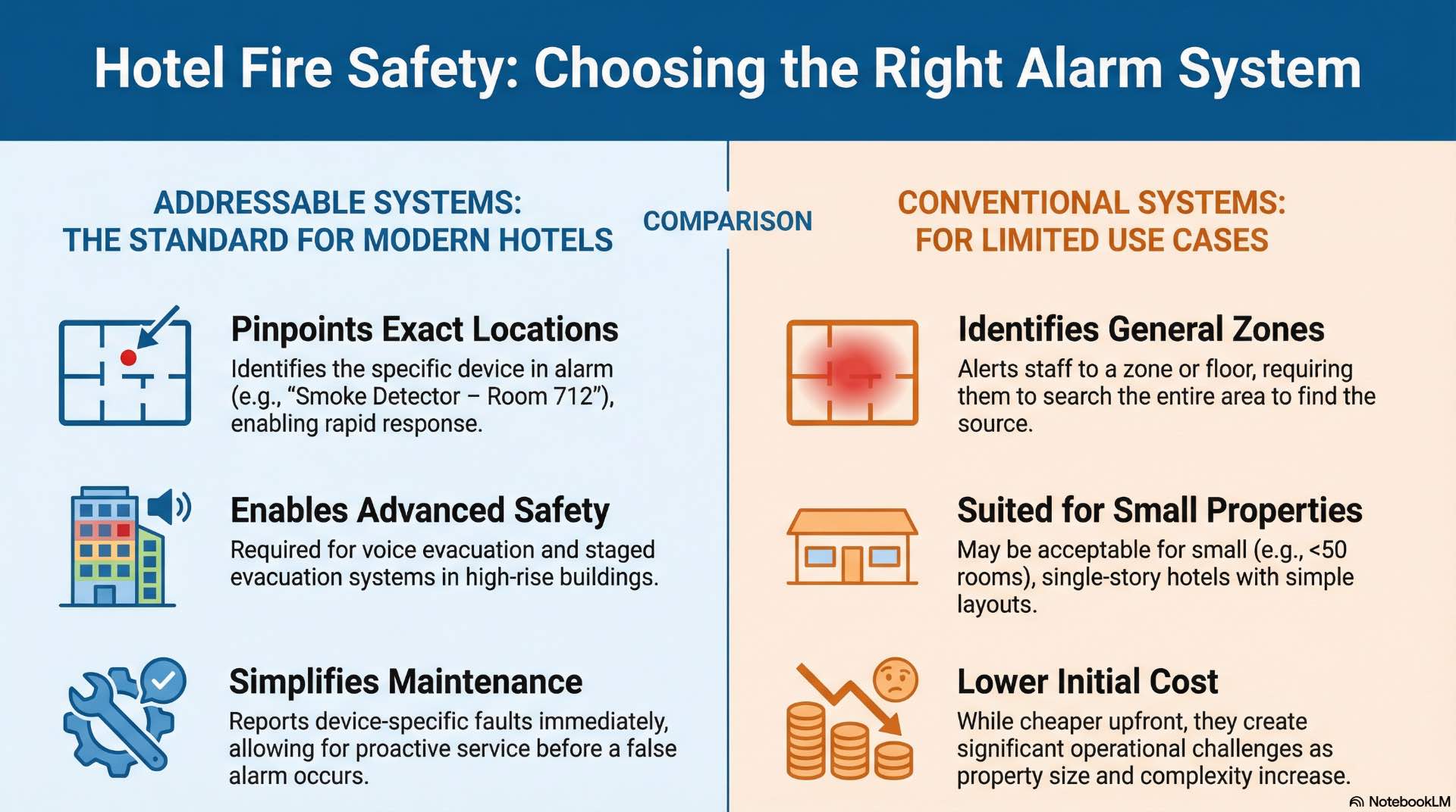 Different hotel sizes and layouts determine whether addressable or conventional fire alarm systems are appropriate.