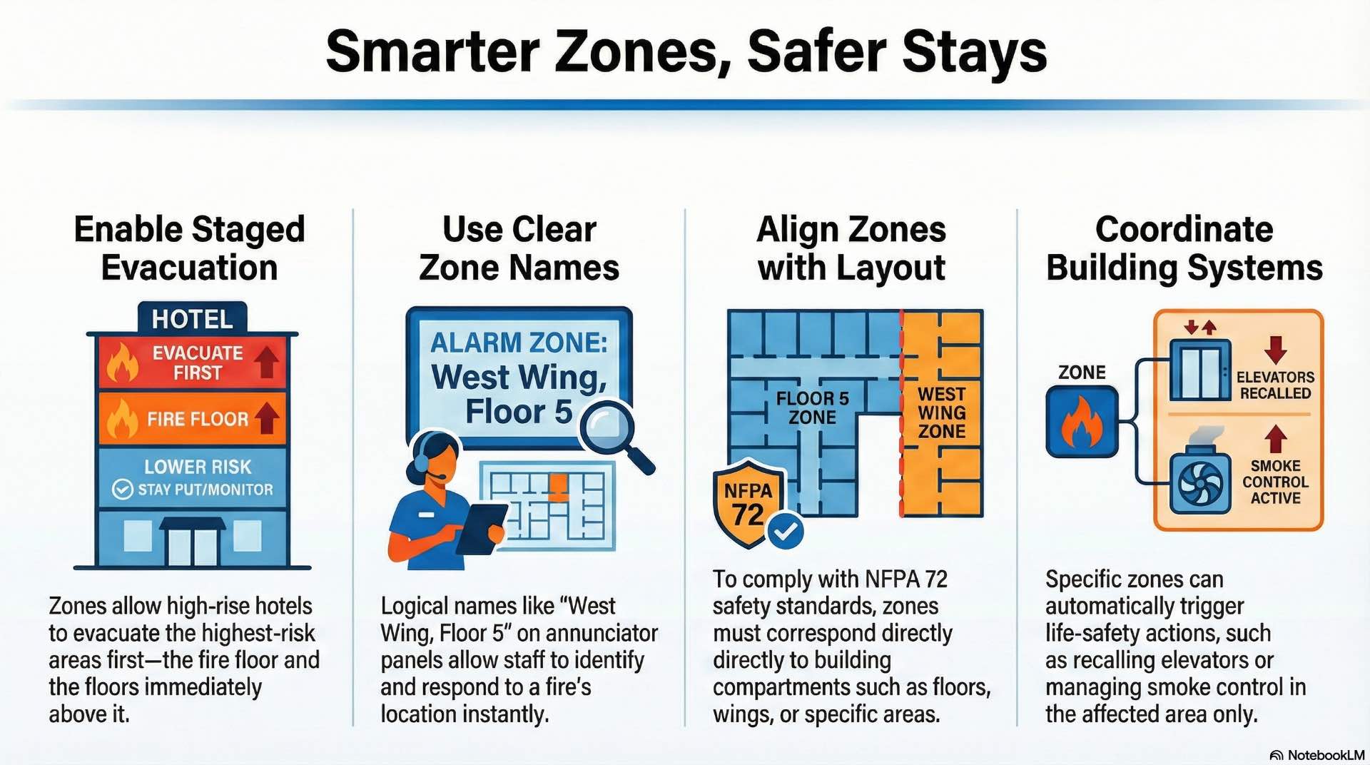 Proper zoning helps identify alarm locations quickly and supports phased evacuation strategies in hotel buildings.