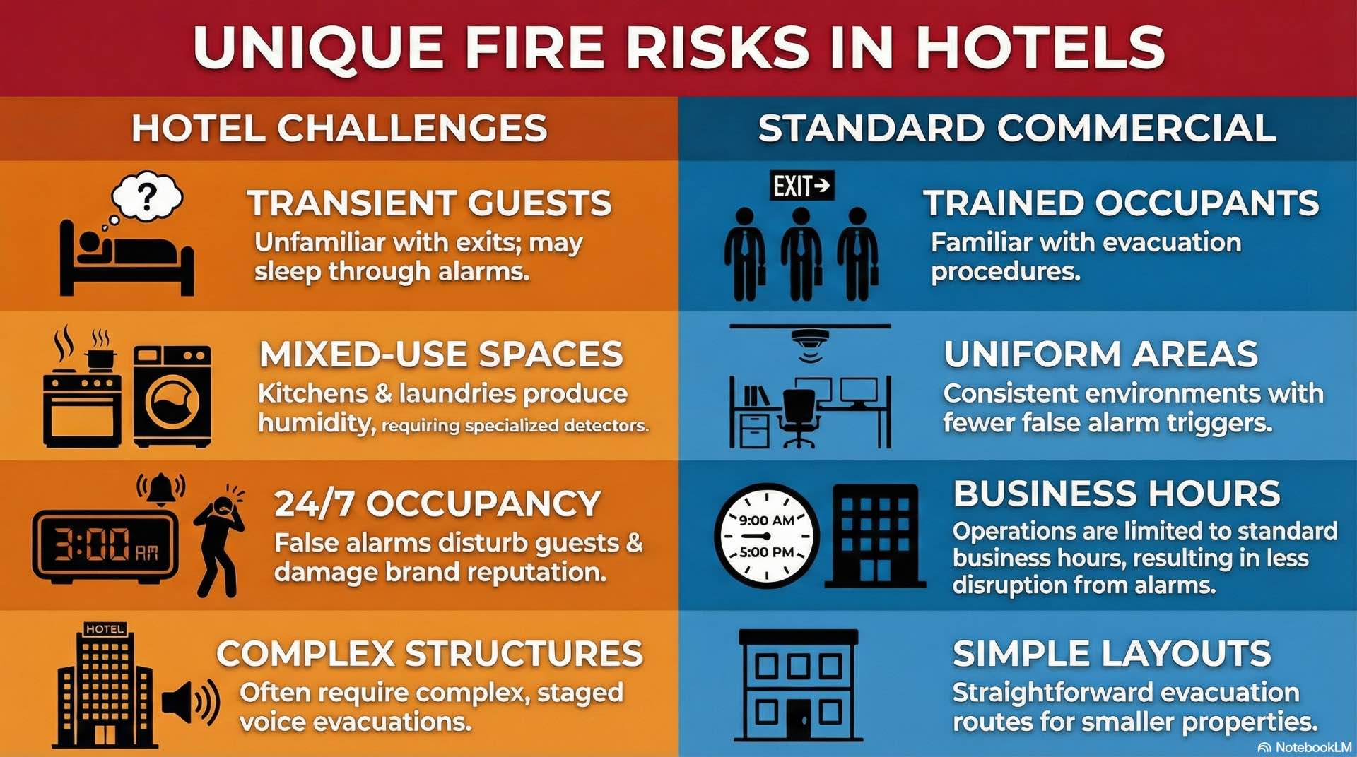 Hotels face unique fire risks due to high occupancy, sleeping guests, unfamiliar layouts, and continuous operation.