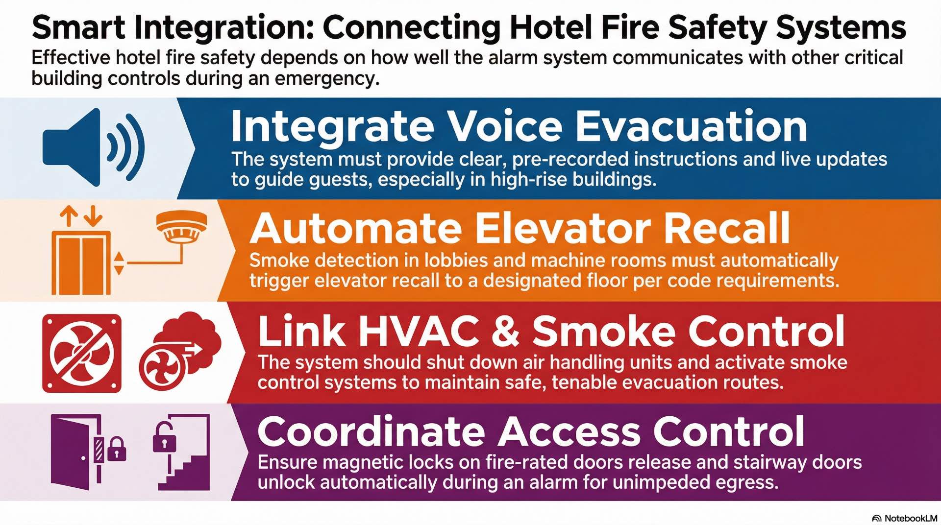Fire alarm systems must integrate with evacuation, HVAC, elevators, and other building systems to function correctly.