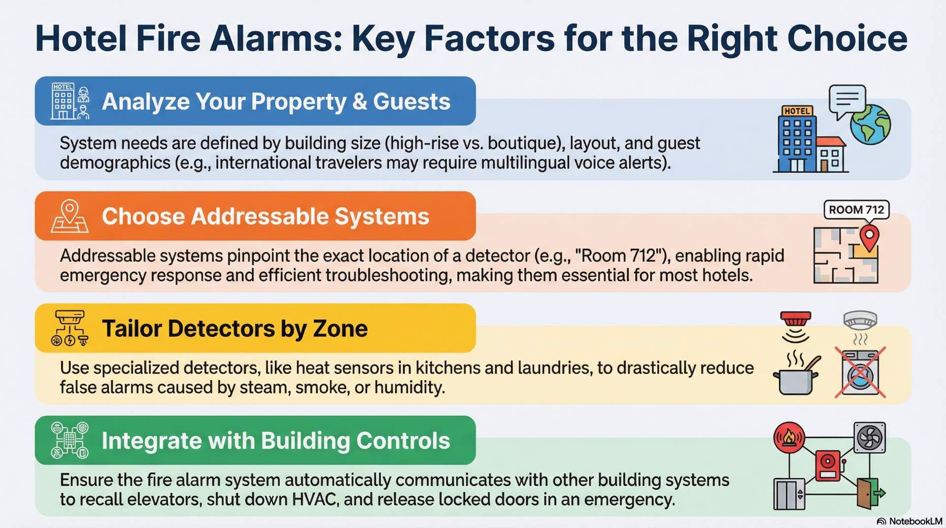 System selection depends on building layout, guest behavior, operational continuity, and tolerance for false alarms.