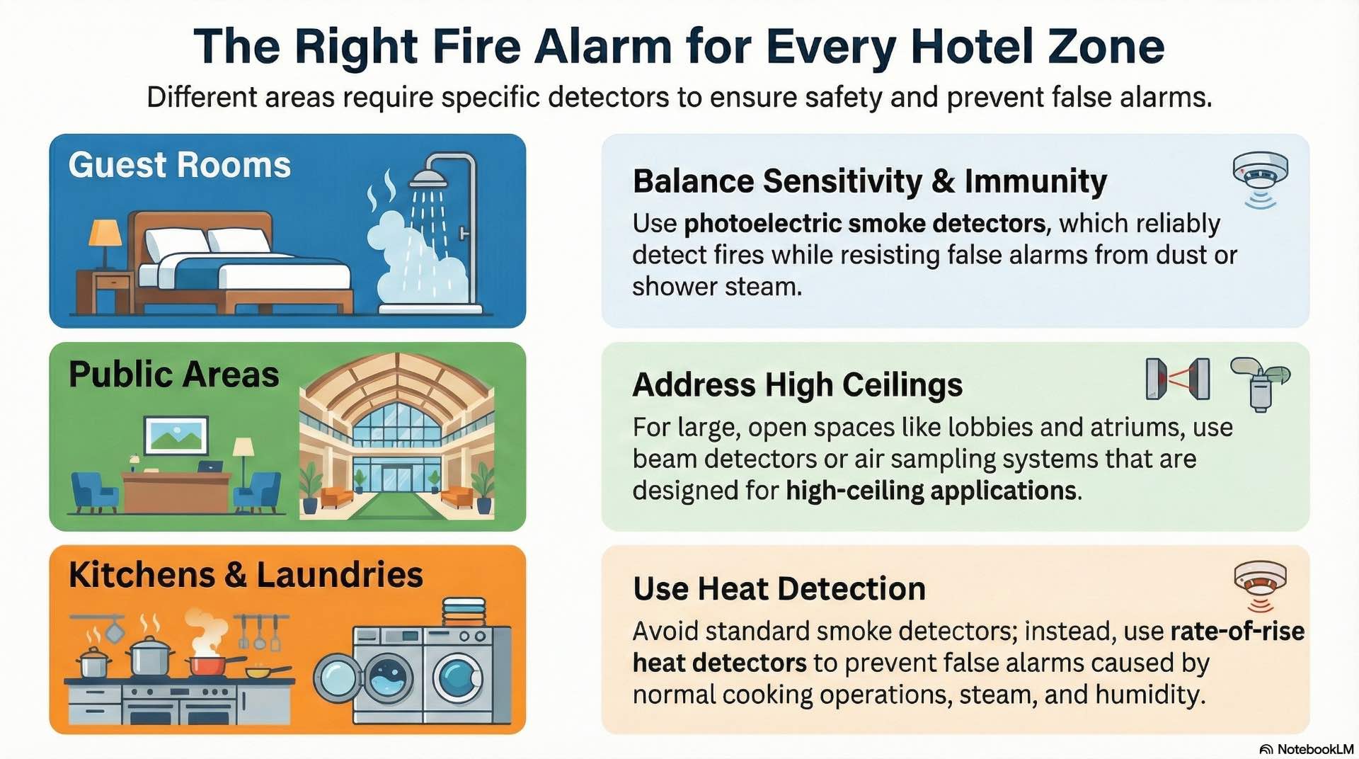 Guest rooms, public spaces, and back-of-house areas require different detection and notification approaches.