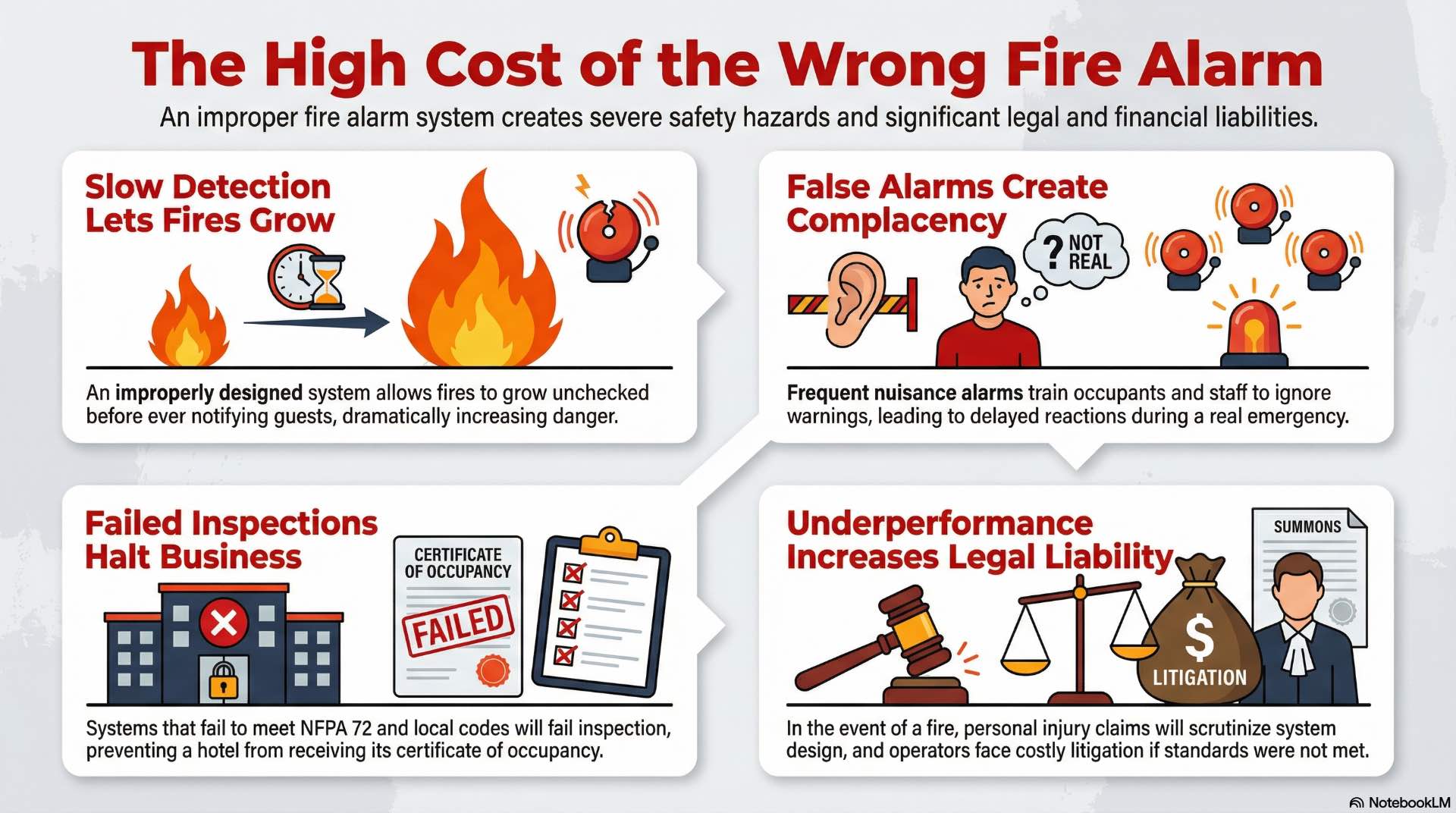Incorrect system selection can delay evacuation, increase false alarms, fail inspections, and expose hotels to legal liability.