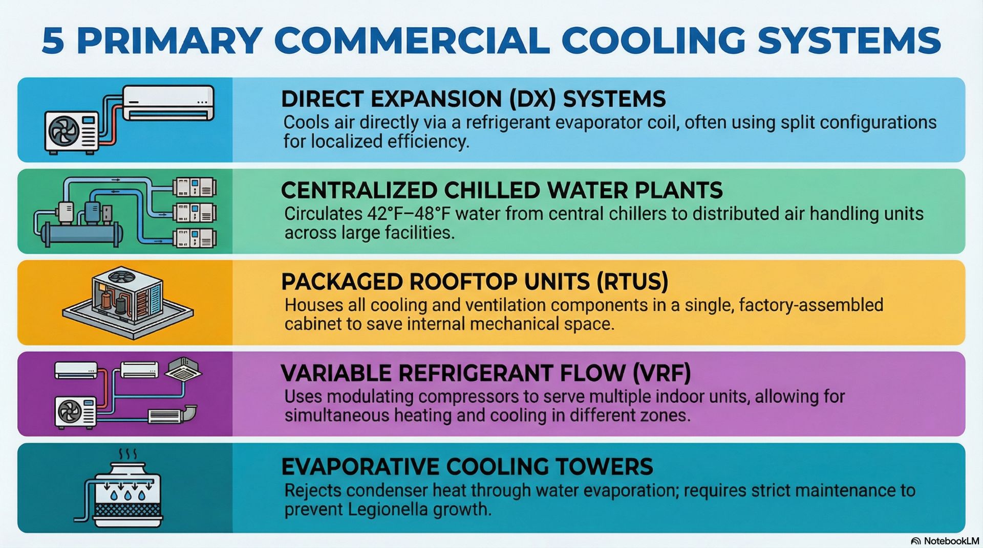 Air conditioning and cooling systems remove heat from indoor spaces to control temperature and maintain comfort.