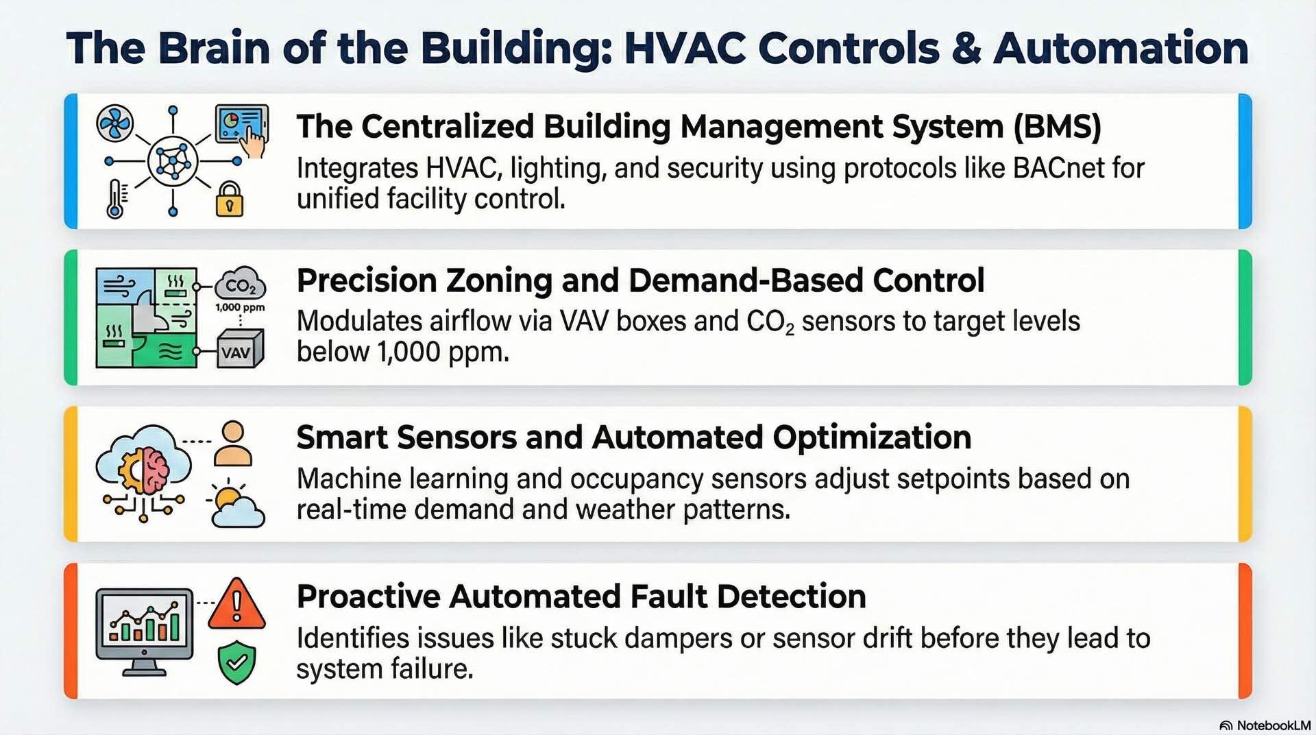 HVAC controls and automation regulate system operation through sensors, controllers, and integrated management platforms.