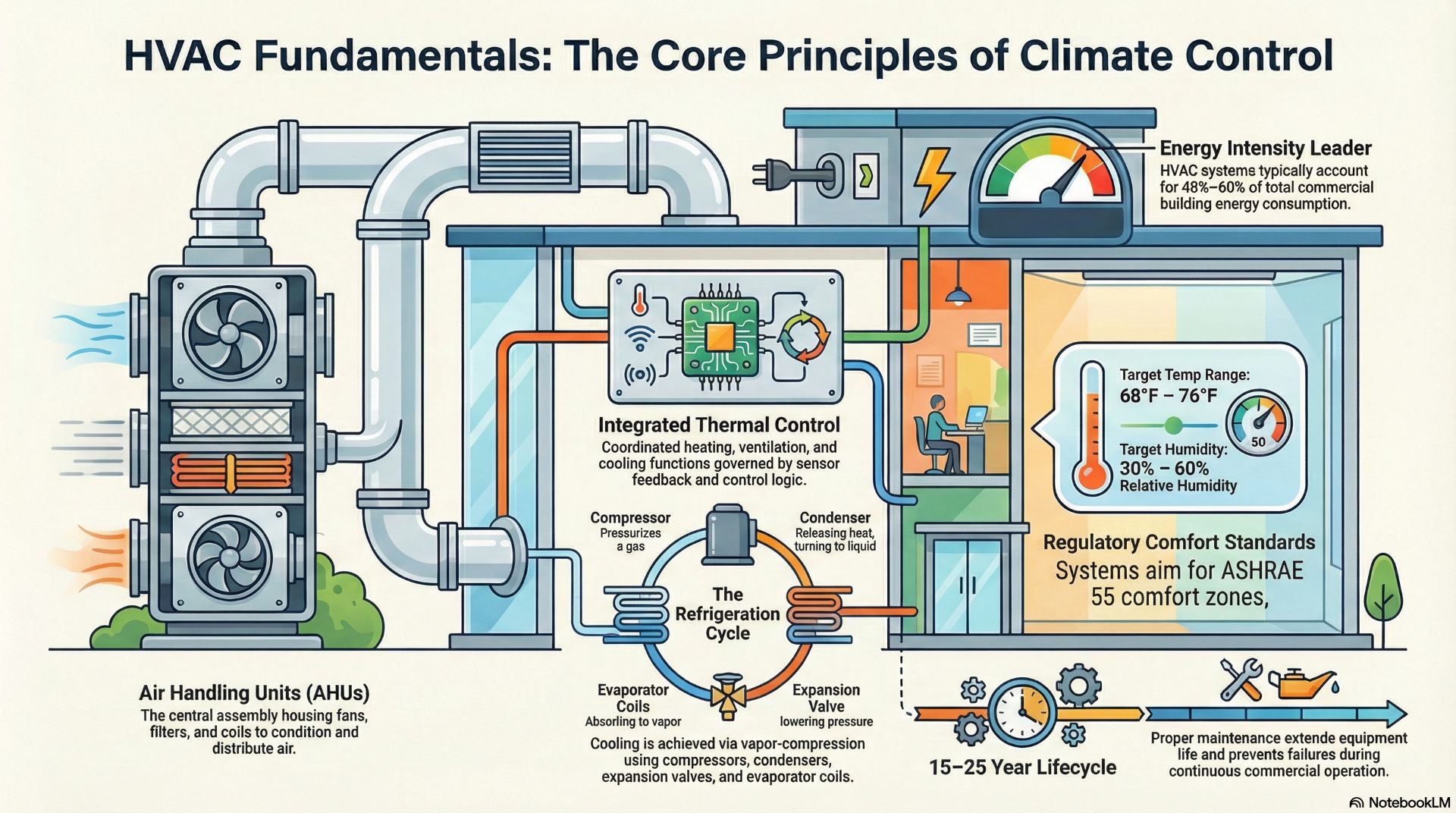 HVAC fundamentals explain how heating, ventilation, and air conditioning systems regulate temperature, airflow, and indoor environmental conditions.