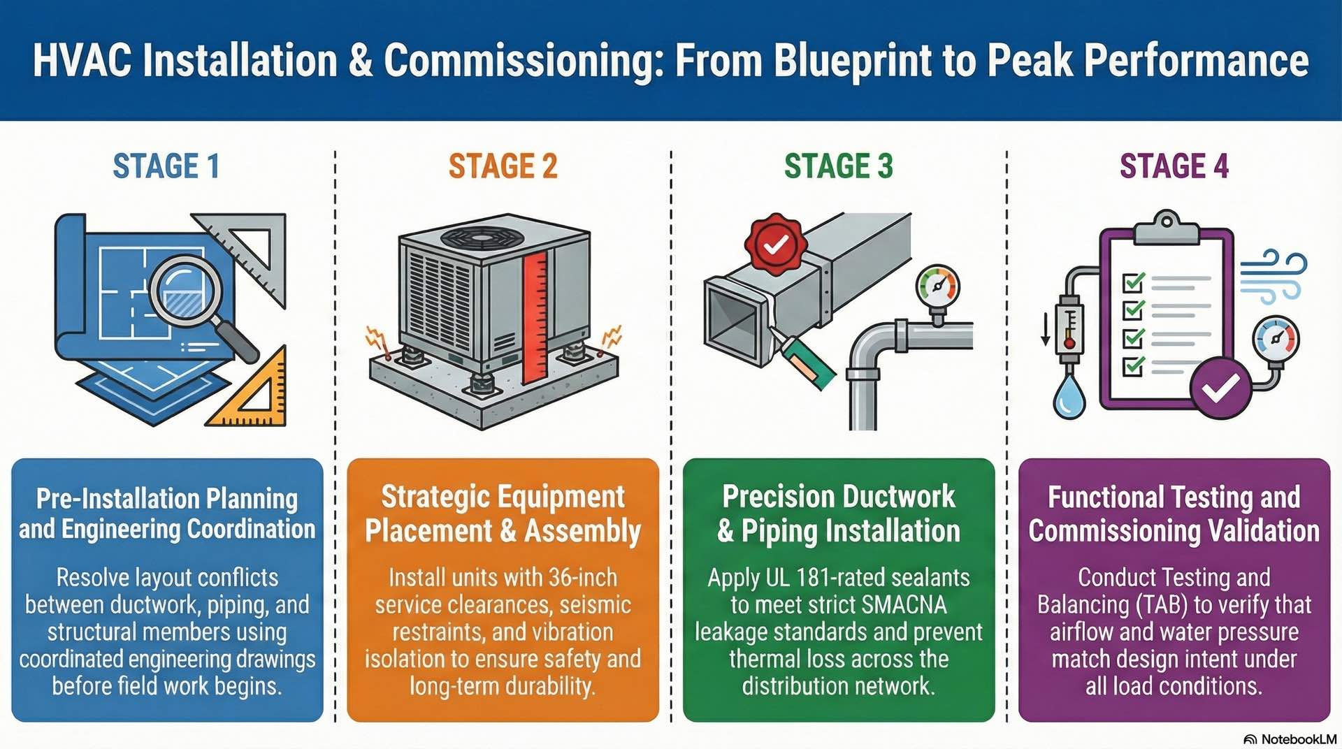HVAC installation and commissioning involve system setup, configuration, testing, and validation before operation.