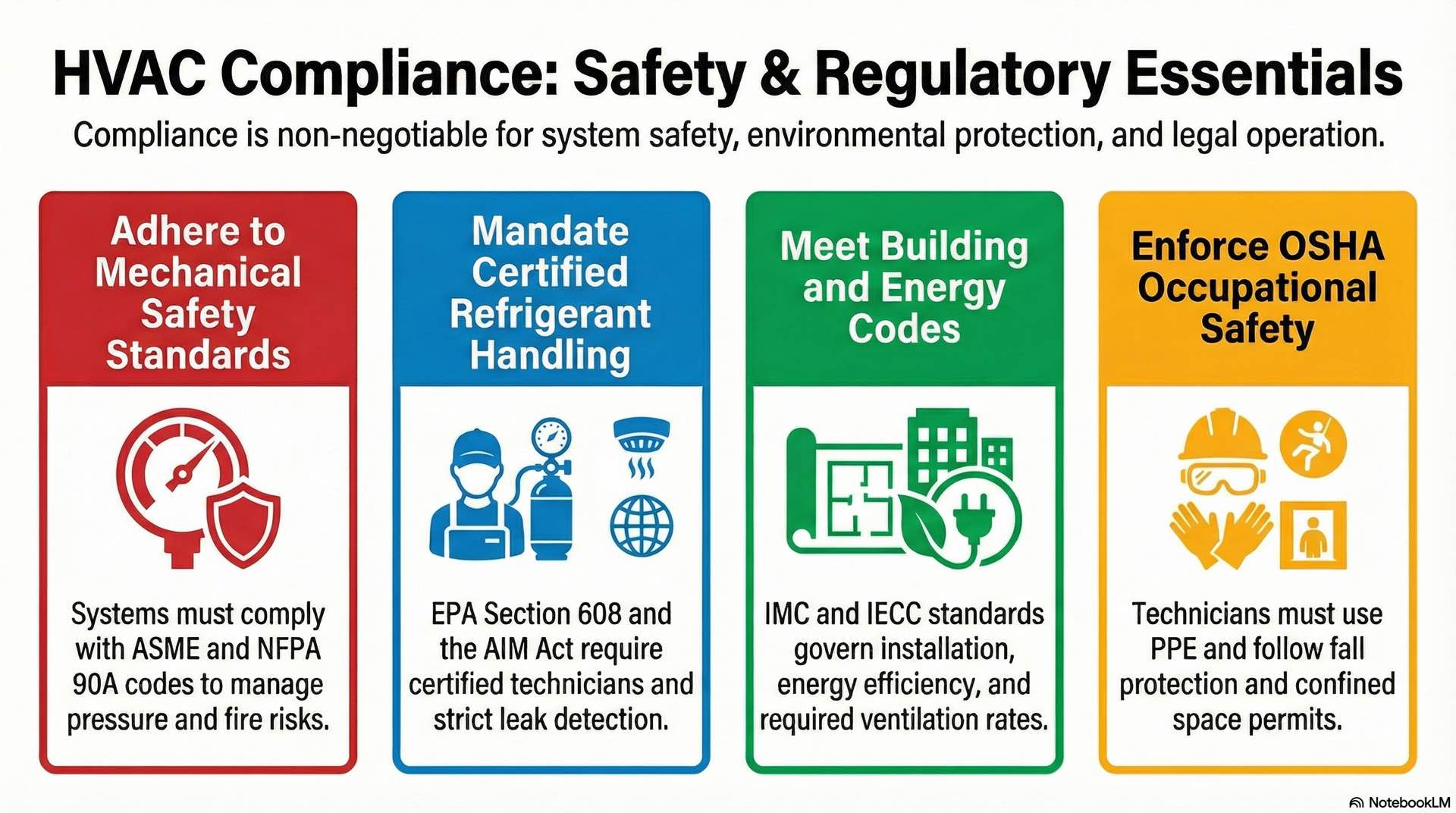 HVAC safety and compliance address standards, regulations, and operational requirements related to system use.