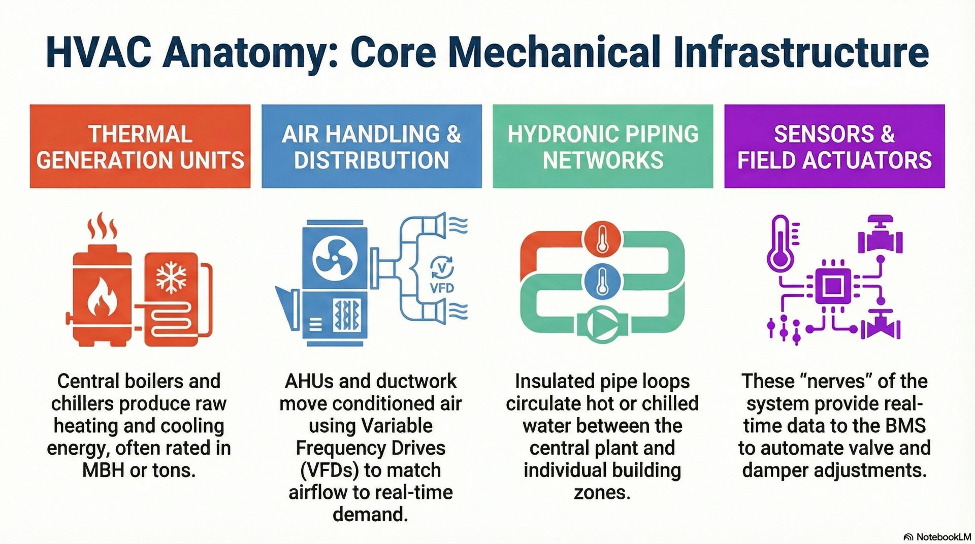 HVAC system components include the mechanical equipment and distribution networks that enable heating, cooling, and air movement.