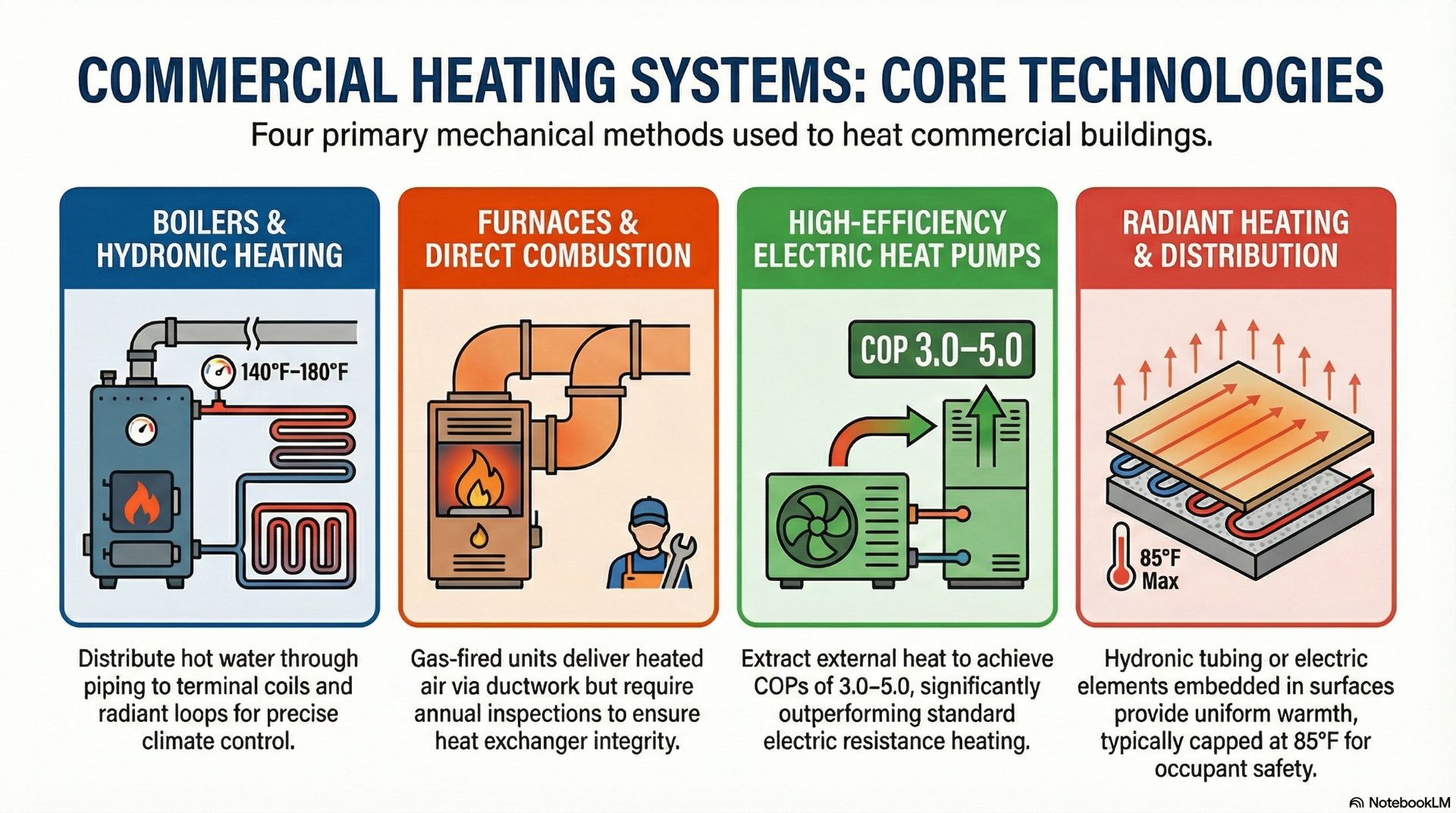 Heating systems generate and distribute heat to maintain required indoor temperatures in commercial HVAC applications.