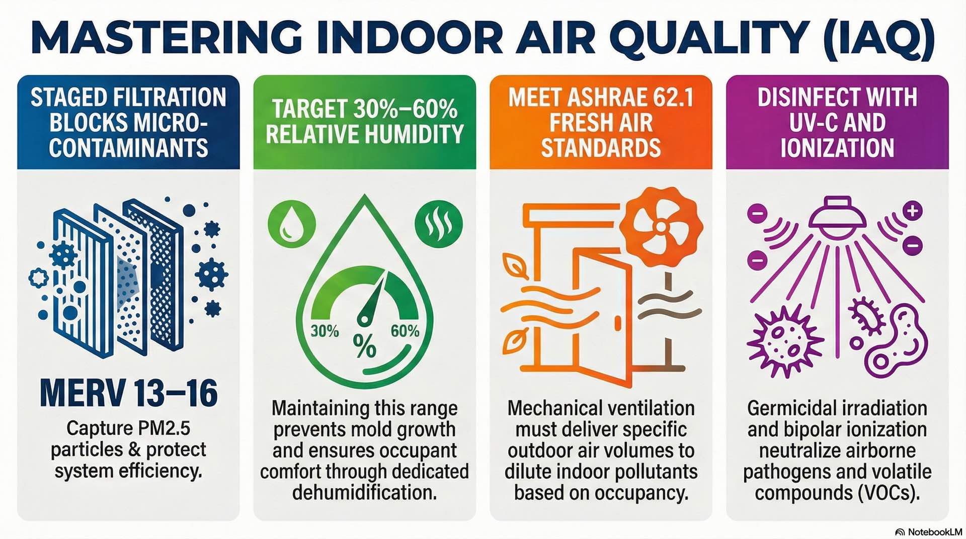 Indoor air quality management involves filtration, humidity control, and ventilation processes that influence air cleanliness.