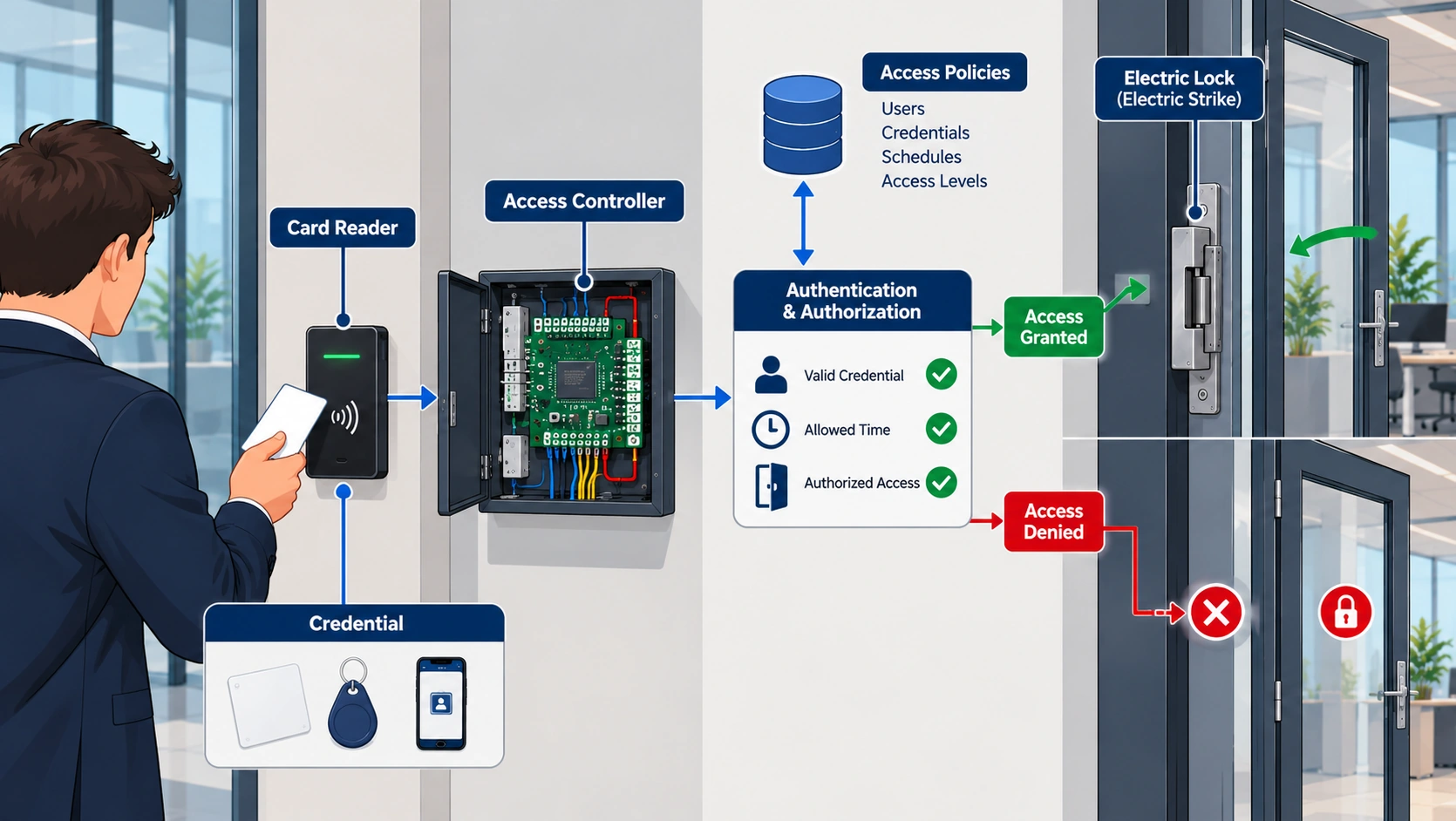 Access control decision flow: a card credential is read, the access controller checks access policies for a valid credential, allowed time and authorized door, and the result is access granted or access denied