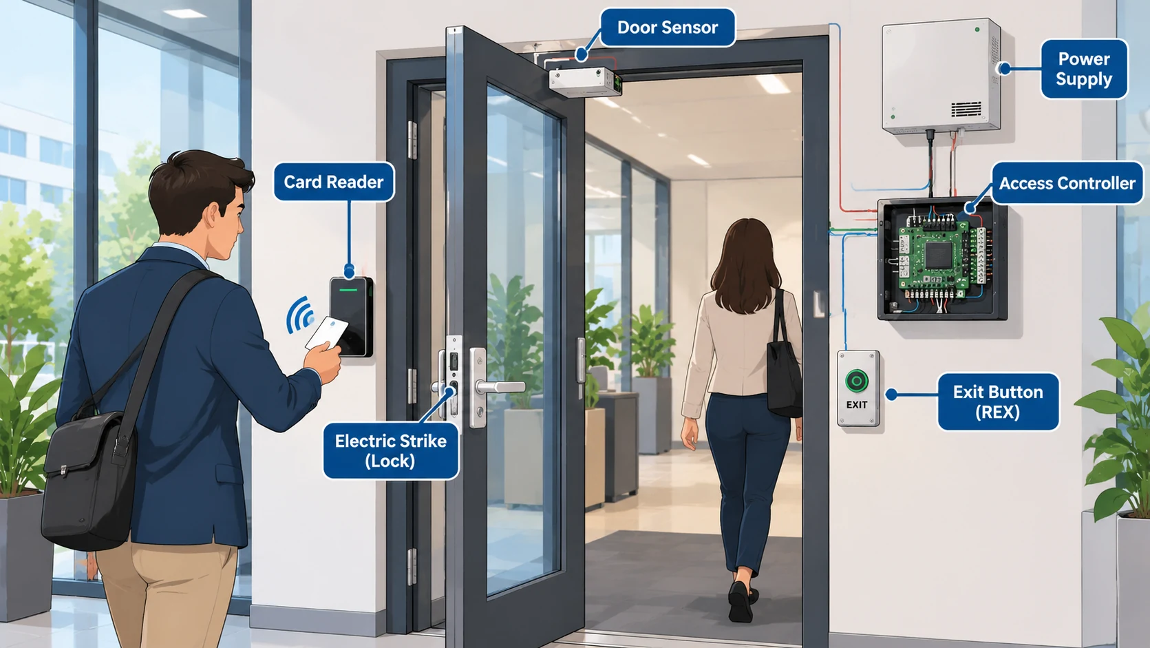 Controlled entrance with labelled card reader, electric strike lock, door position sensor, exit button (REX), access controller and power supply