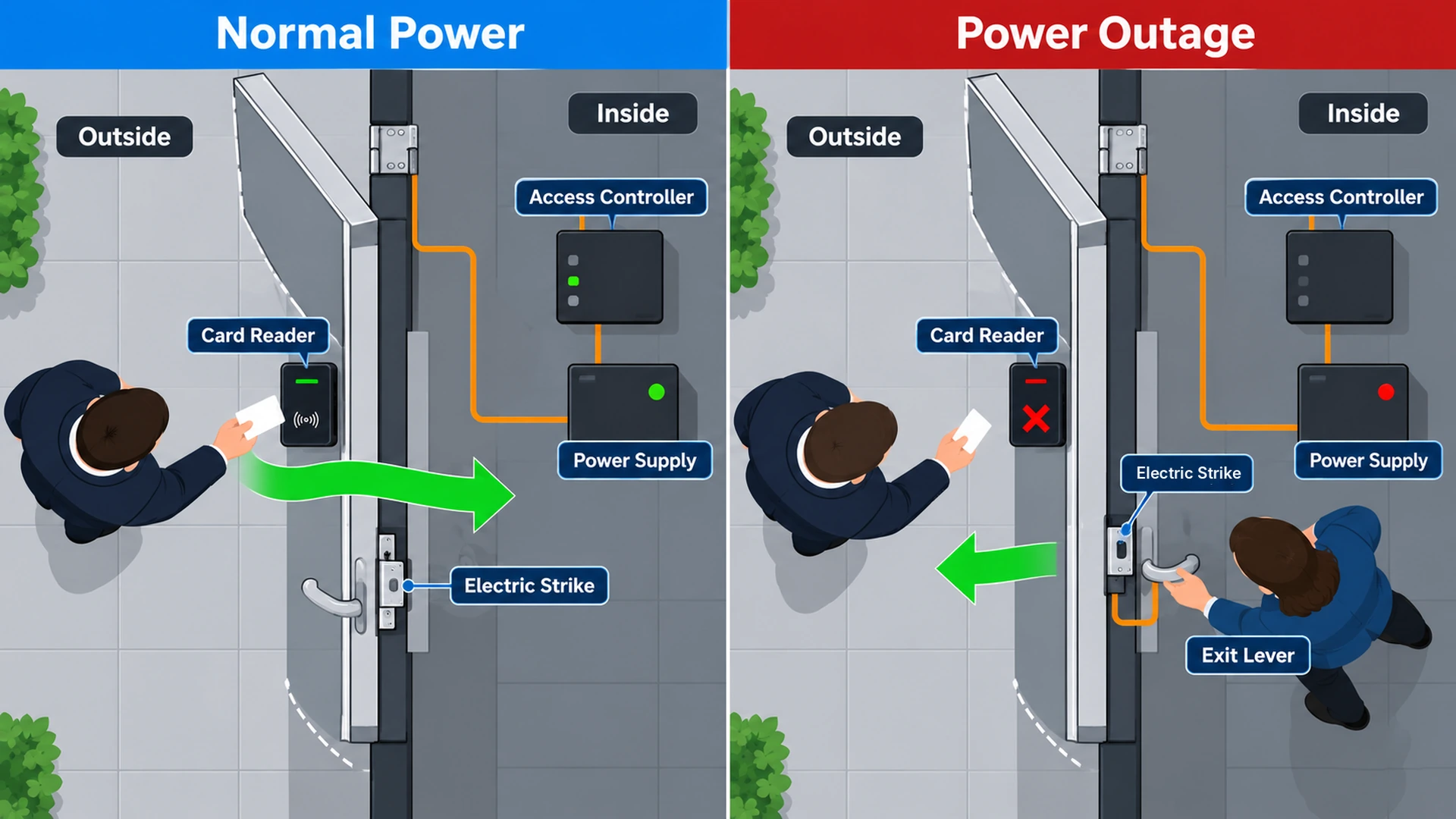Plan view comparing normal power, where a card opens the door through an electric strike, with a power outage, where the outside reader is inactive and a person inside exits with the mechanical exit lever