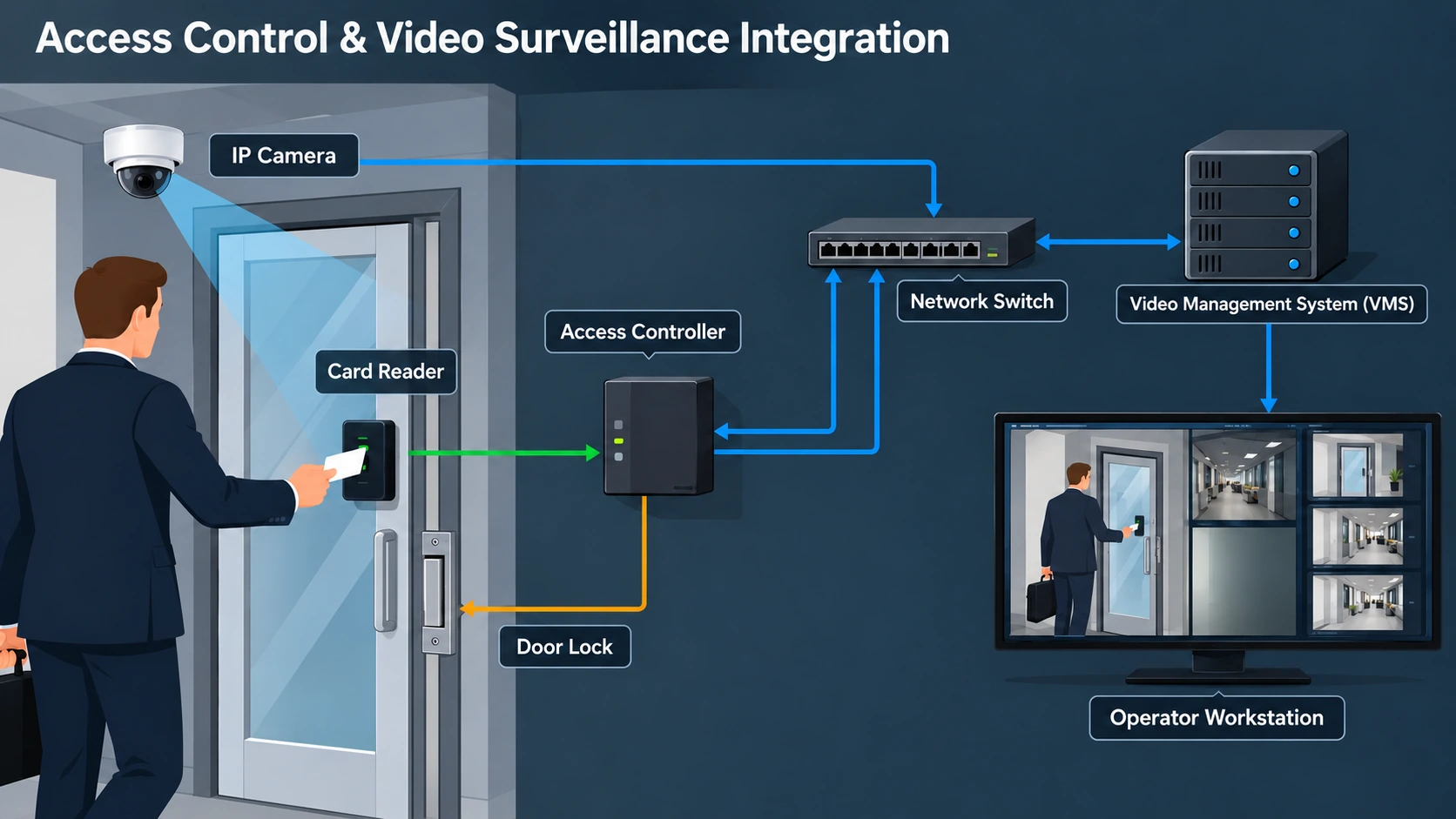Access control and video surveillance integration: card reader and access controller linked through a network switch with an IP camera and video management system (VMS) to an operator workstation