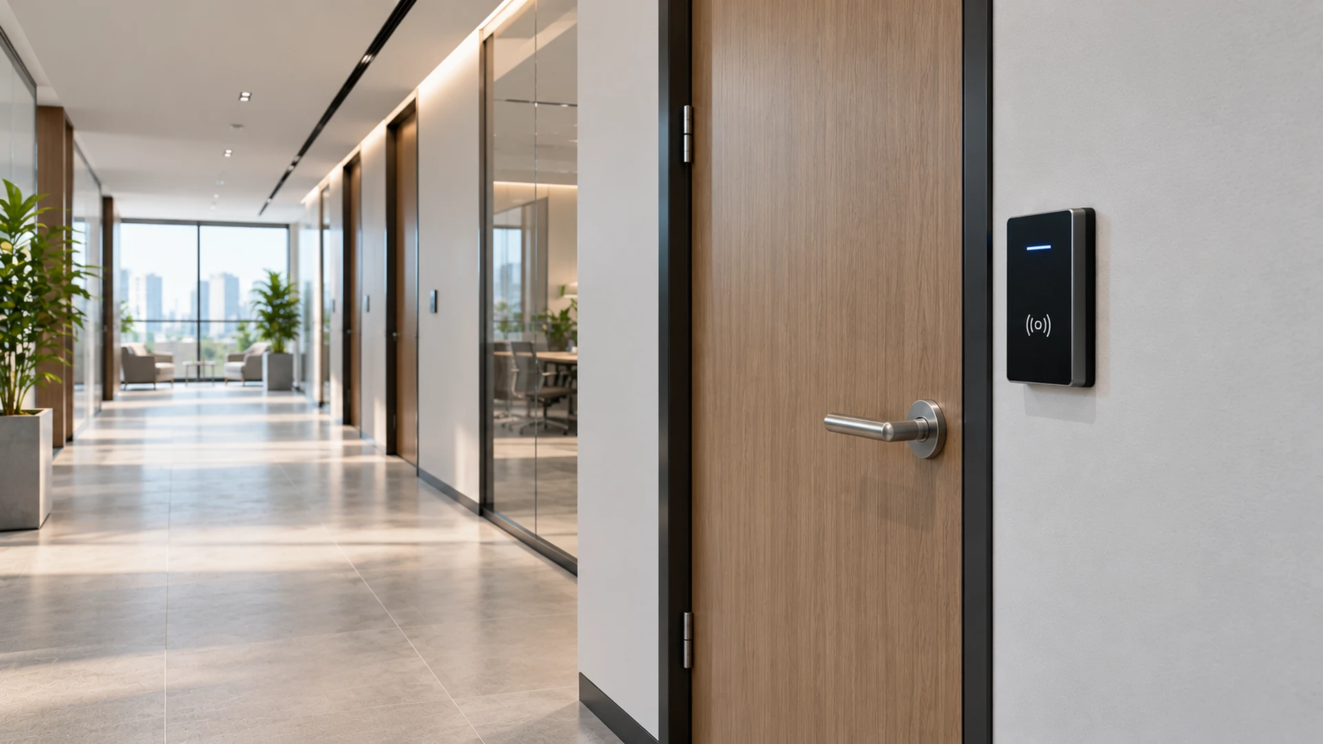 Wall-mounted contactless card reader beside a wooden office door in a modern building corridor