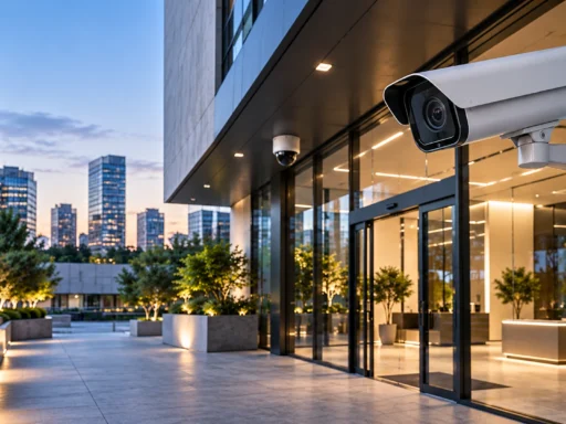 Commercial building entrance at dusk with a wall-mounted bullet camera and a dome camera overlooking the glazed entrance