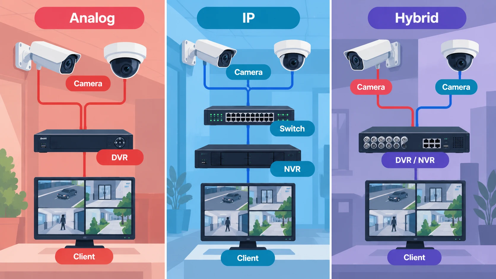 Comparison of analog, IP and hybrid video surveillance signal paths: analog cameras to a DVR over coax, IP cameras through a switch to an NVR, and mixed sources on one recorder