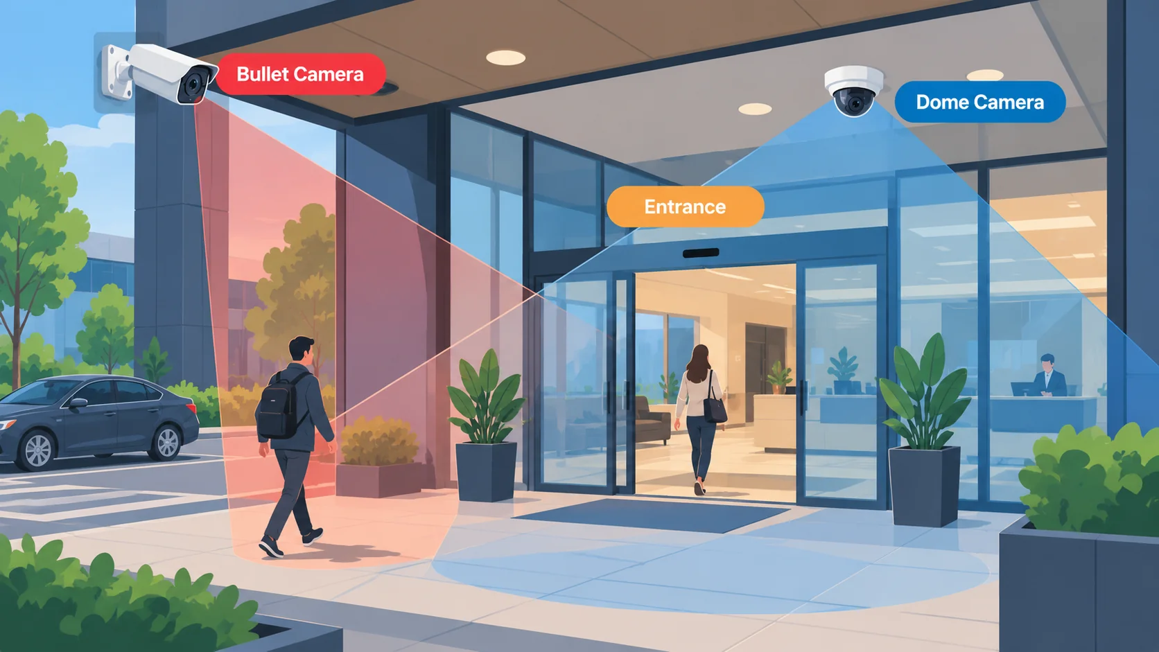 Commercial building entrance monitored by a wall-mounted bullet camera covering the approach and a dome camera under the canopy covering the doorway