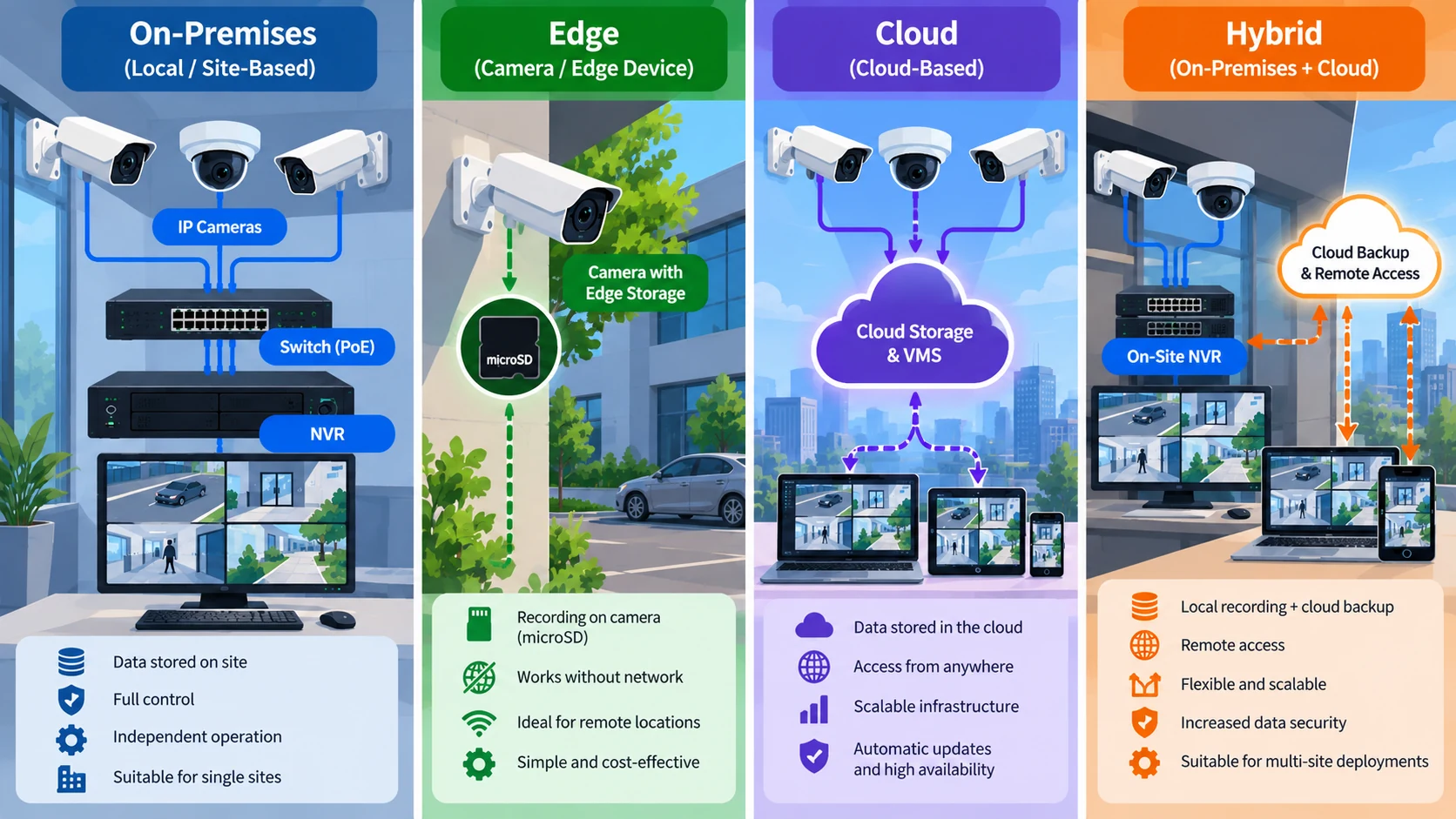 On-premises, edge, cloud and hybrid video surveillance deployment models compared side by side