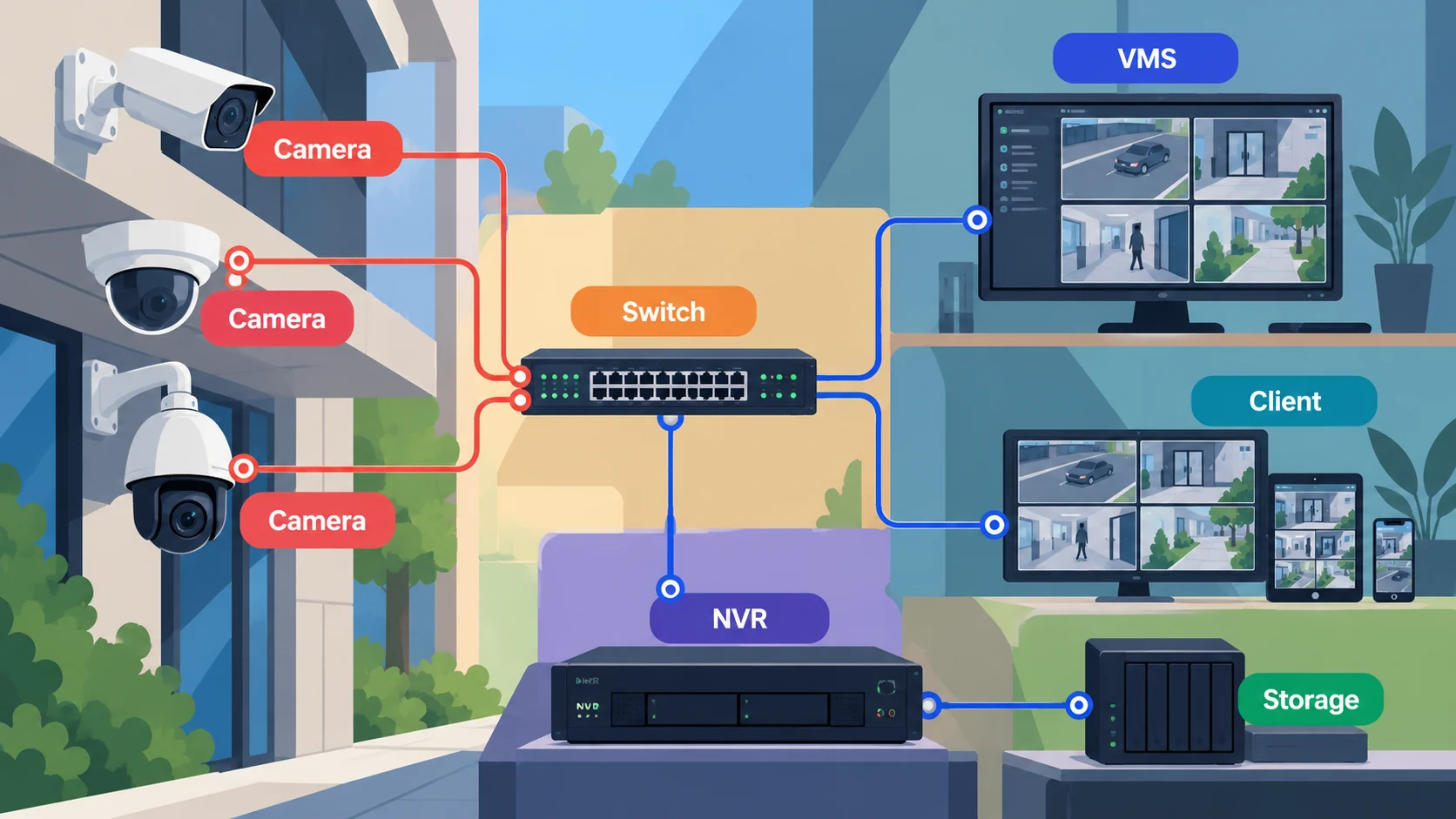 End-to-end video surveillance system architecture: IP cameras connected through a network switch to an NVR, storage, VMS and operator client