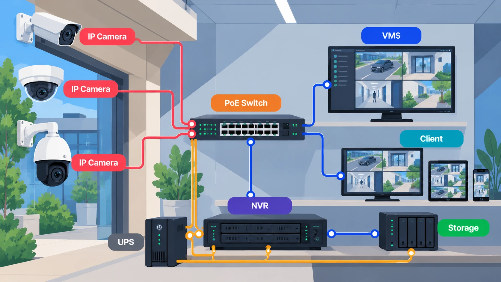 IP surveillance cameras connected to a Power over Ethernet switch with NVR, storage, VMS workstation, client devices and a UPS