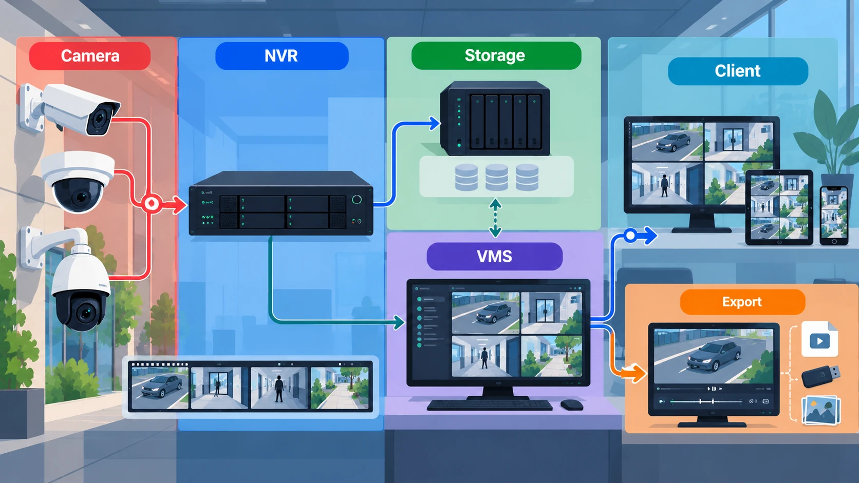 Functional roles of NVR recording, storage, VMS management, client viewing and video export in a surveillance system