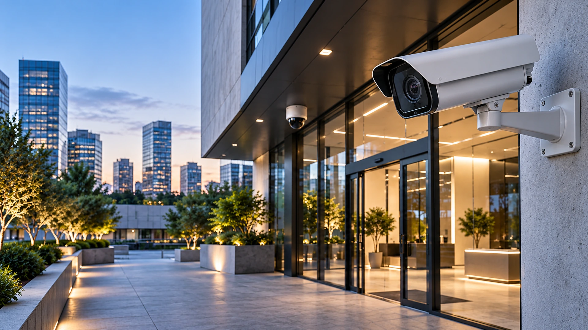 Commercial building entrance at dusk with a wall-mounted bullet camera and a dome camera overlooking the glazed entrance